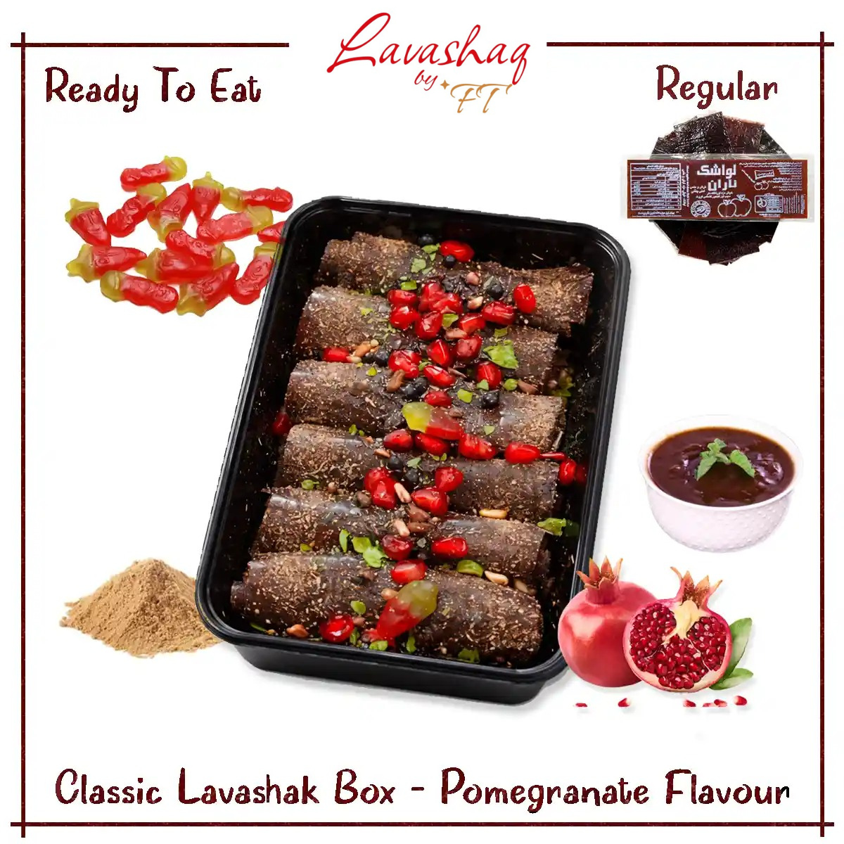 Torshi Seven Persian Lavashak Fruit Leather Roll – Original Iranian Sheet – Pomegranate Flavor With Tamarind Sauce Churan Chaat Masala Powder & Chilli Mili – Persian Snack Fruit Bar – Ready to Eat