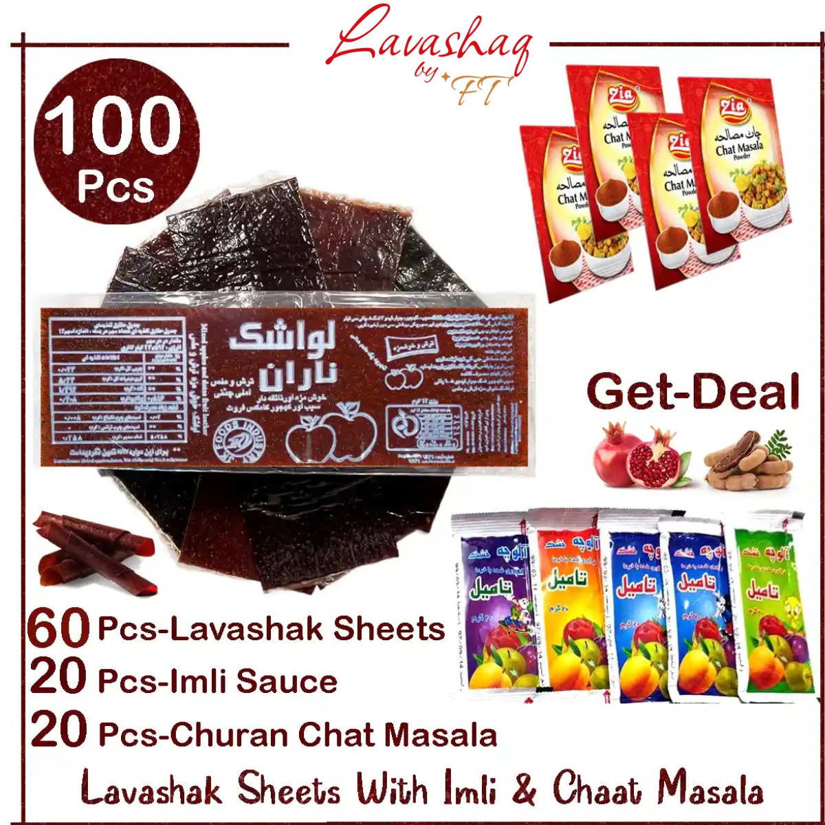 100 Pcs – Get Deal – 60 Regular Lavashak Fruit Leather Sheets – 10 Alocha Imli Sauce – 10 Churan Chaat Masala Powder
