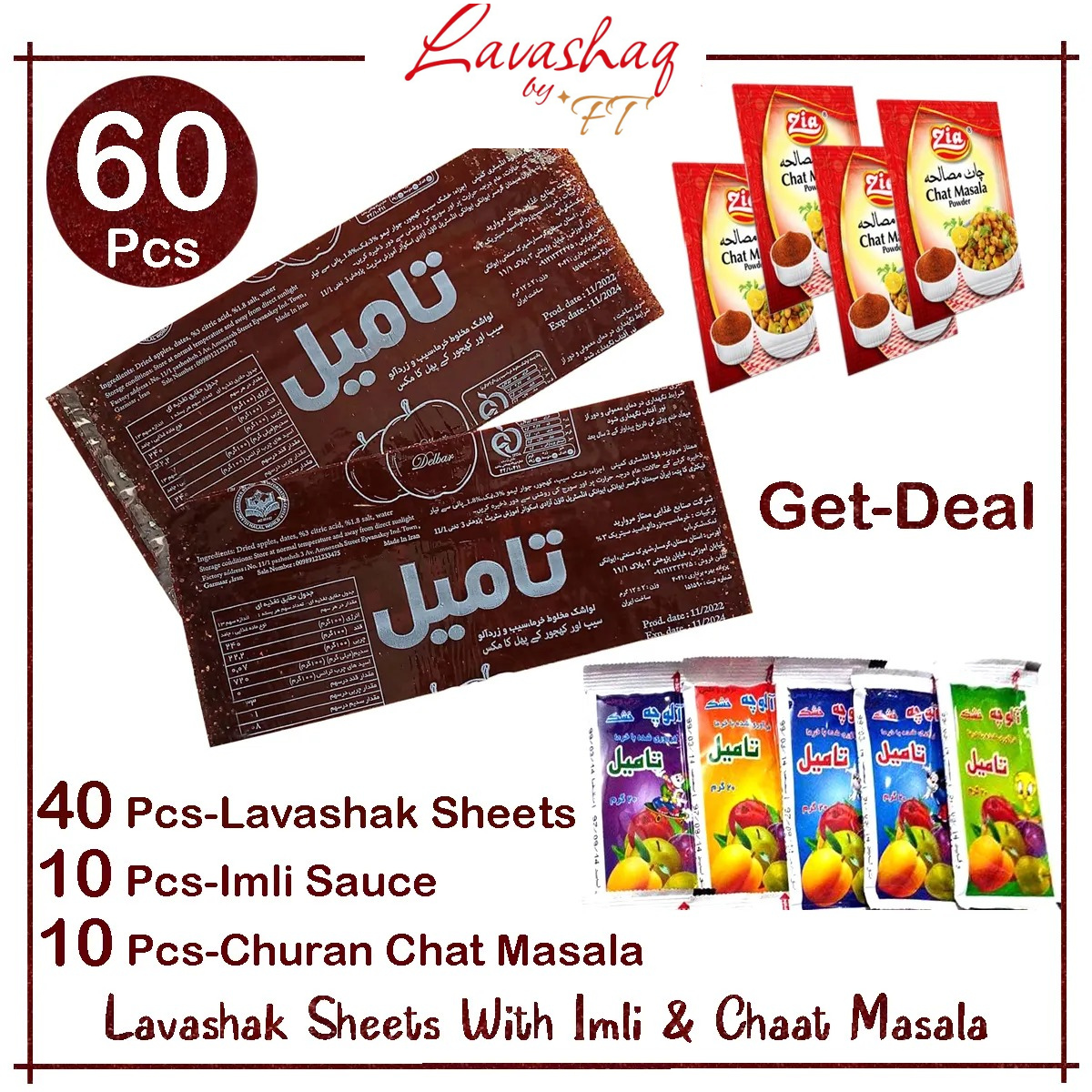 60 Pcs – Get Deal / 40 Lavashak Fruit Lather Sheets / 10 Imli Sauce / 10 Churan Chaat Masala Powder