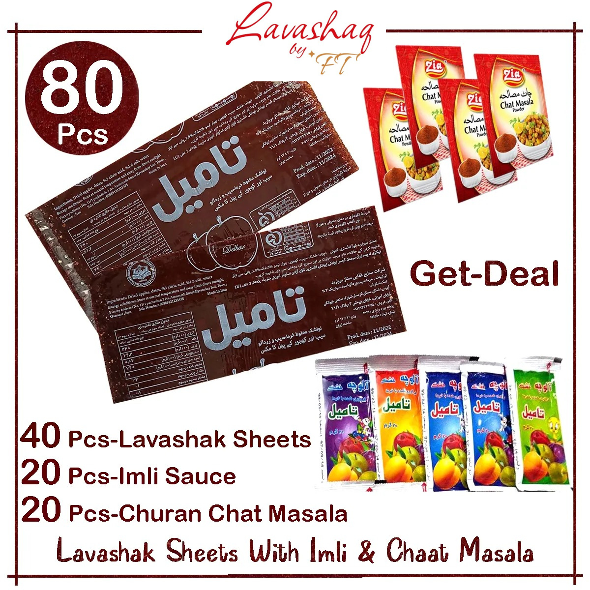 80 Pcs – Get Deal / 40 Lavashak Fruit Lather Sheets / 20 Imli Sauce / 20 Churan Chaat Masala Powder