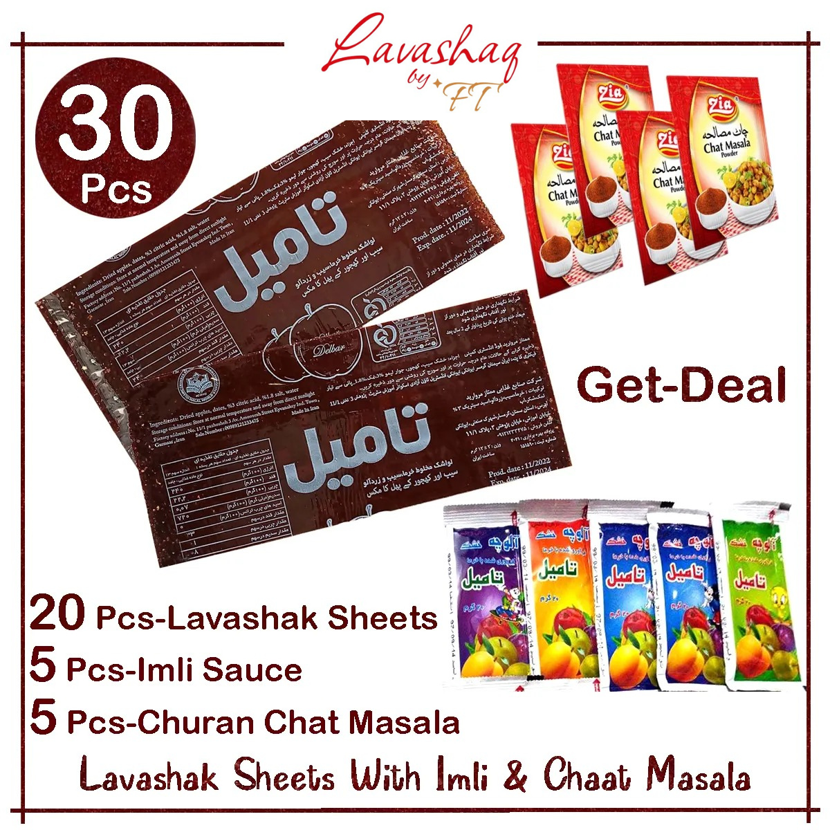 30 Pcs – Get Deal / 20 Lavashak Fruit Lather Sheets / 5 Imli Sauce / 5 Churan Chaat Masala Powder