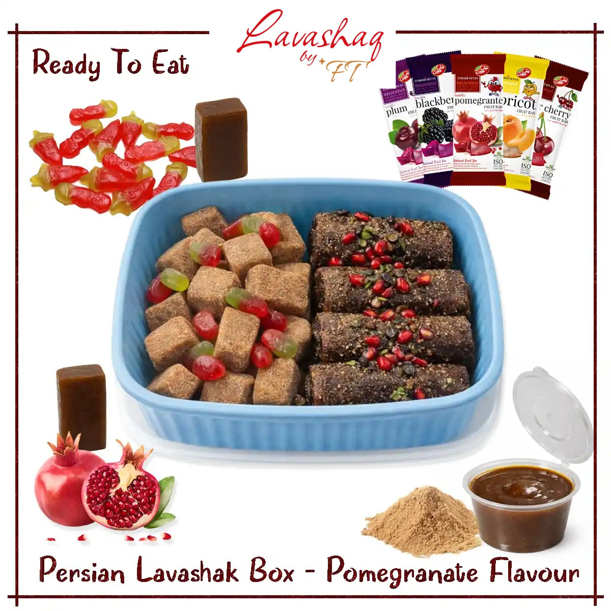 Torshi Seven Persian Lavashak Box – 4 Fruit Leather Roll – 10 Masala Fruit Bar – Pomegranate Flavor With Tamarind (Imli) Sauce Churan Chaat Masala Powder & Chilli Mili – Persian Snack Original Iranian Sheet – Ready to Eat