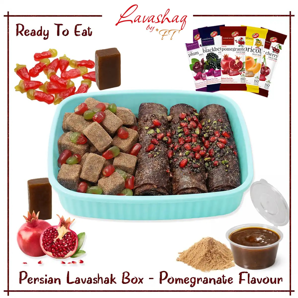 Torshi Seven Persian Lavashak Ready to Eat Box – 3 Fruit Leather Roll – 10 Masala Fruit Bar – Pomegranate Flavor With Tamarind (Imli) Sauce Churan Chaat Masala Powder & Chilli Mili – Persian Snack Original Irani Sheet