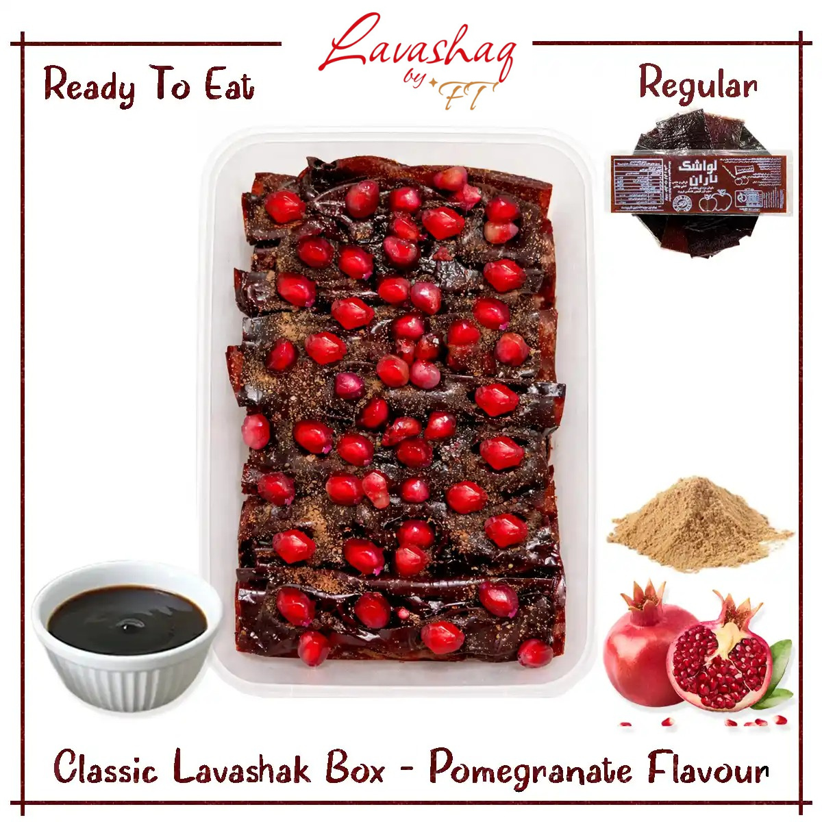 Double Layer With Extra Topping – Regular Lavashak Fruit Leather Sheet – 10 Roll – Pomegranate Flavor With Tamarind Sauce Churan Chaat Masala Powder – Persian Snack Fruit Bar – Ready to Eat